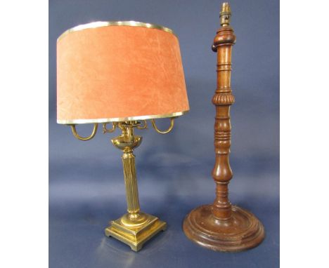 Good quality brass four branch table lamp, in the form of a Corinthian column with toilemark type shade, 62cm high; together 