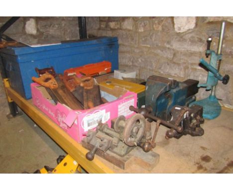Three vintage cast iron bench vices of varying size, together with two boxes of mainly carpentry related hand tools to includ