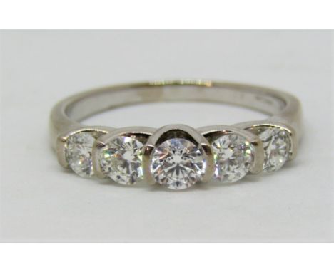 18ct white gold five stone diamond ring totalling 1ct approx, size R, 4.8g