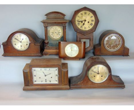 Seven various vintage clocks to include two three train oak cased mantel clocks and a drop dial wall clock (7)