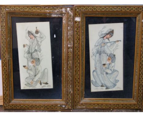 A pair of early 20th century Indian school watercolours on Ivorine type panels, each of an elderly man with female companion,