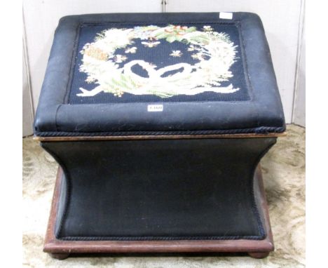 A Victorian ottoman of square cut form with concave sides, the top with hand worked tapestry panel showing bees, within a flo