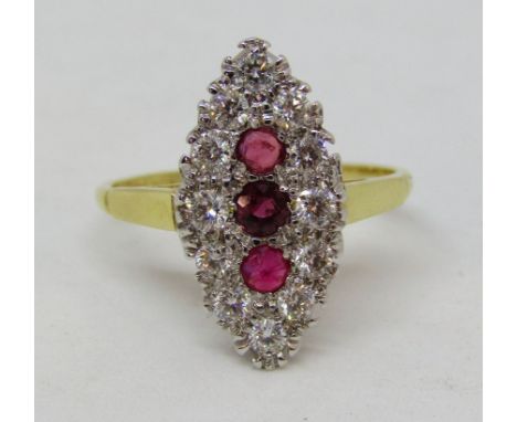 18ct ruby and diamond marquise ring, 1.8 x 9mm approx, size M/N, 3.3g