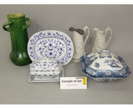 A quantity of 19th century and later ceramics including blue and white printed Parisian Granite Scroll pattern dinnerwares, f