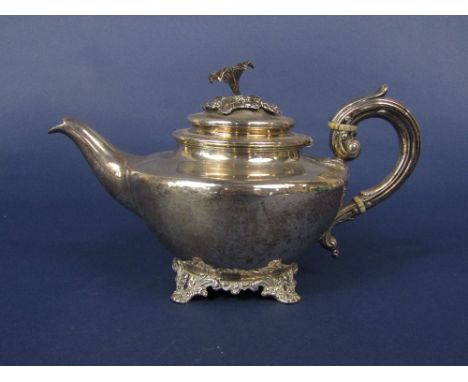 William IV silver squat baluster teapot, with cast floral knop and S scroll handle, with further cast feet, maker GP, Edinbur