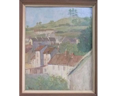 Roy Hewish (British B.1929) - View of Wotton Under Edge including the ring of trees on Wotton Hill, acrylic on board, signed,