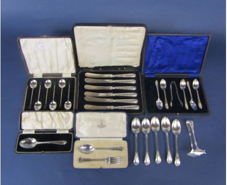 Collection of cased flatware to include set of six silver coffee bean spoons, set of silver handled fruit knives, a part suit