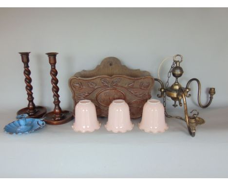 A mixed lot to include a three branch hanging wall light, an enamel night lantern and a pair of barley twist candlesticks and