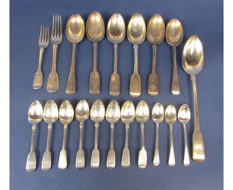 A large collection of antique and later fiddle pattern flatware to include George IV silver fiddle pattern serving spoon, New