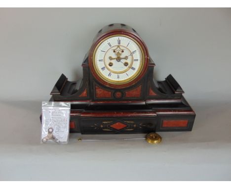 19th century black slate and red veined marble architectural mantel clock, the two train dial with open escapement, with vari