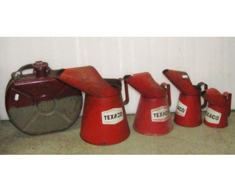 A graduated set of three vintage Texaco forecourt oil cans, further military petrol can and further vintage motoring effects