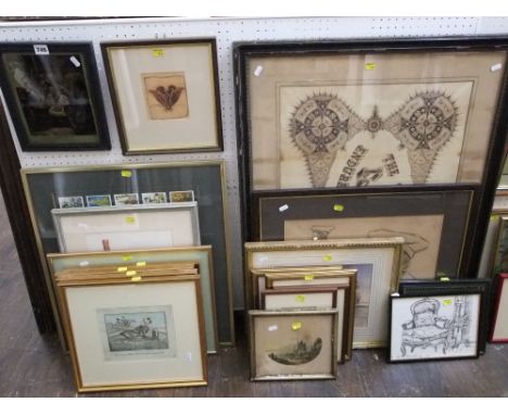 A quantity of decorative pictures and prints including an early 19th century coloured engraving on glass of the Nativity, a s