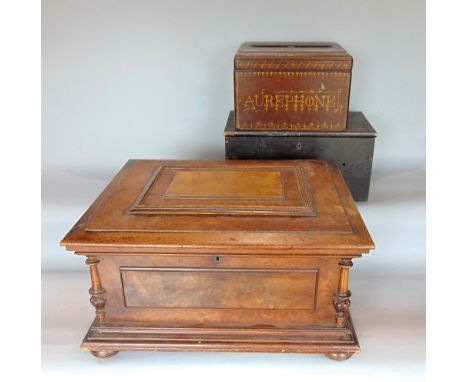 A 19th century mahogany stepped square polyphon case with turned pilasters, 55cm long; together with two further vintage wood