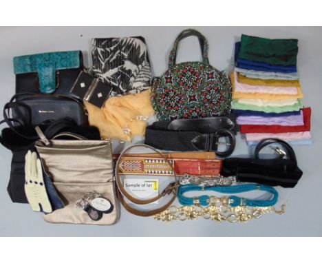 Box of men and women's vintage clothing accessories, including bags by Mulberry, Lancome, approx 30 belts including bead and 