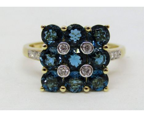 9ct blue topaz and diamond chequerboard dress ring, 12 x 12mm approx, size O/P, 3g