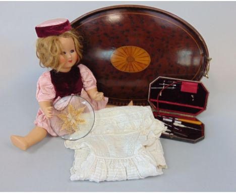 1950's doll with pate head and closing, flirty eyes, a 19th century christening gown with bobbin lace trim and inserts, pin t