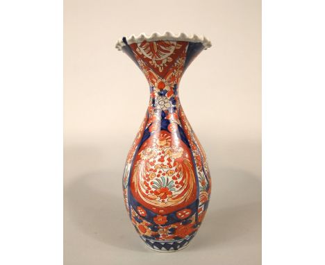 A late 19th century imari vase with flared neck and crimped rim, 40.5cm tall