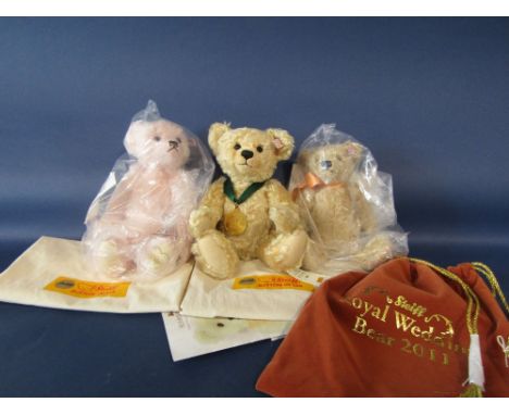 Three Steiff teddy bears including 2011 Royal Wedding Bear, unopened with original packaging and drawstring bag, 2004 bear wi