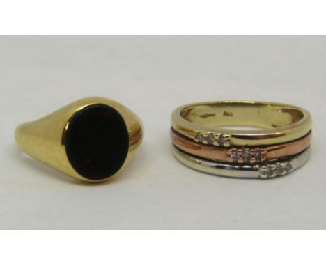 9ct tri-colour diamond set ring, size M, together with a further gold and bloodstone ring, indistinctly marked, size G, 7.9g 