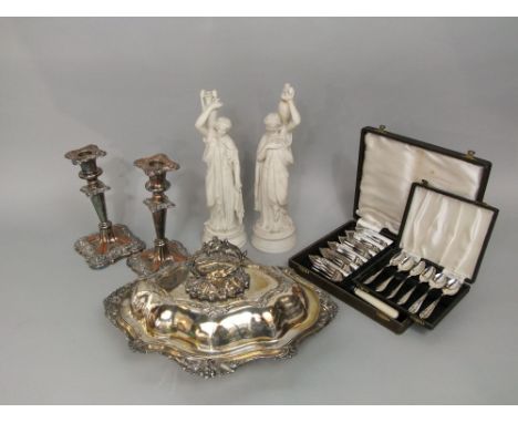 A quantity of silver plated items to include a good quality lobed silver plated lidded entree dish, pair of candlesticks, two