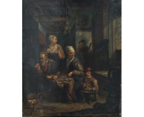 18th century continental school - Cottage interior scene with man lighting a pipe, woman preparing meal, etc, oil on canvas, 