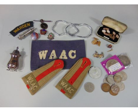 Mixed cabinet lot to include 'Women's Army Auxiliary Corps' military patches, cufflinks, whistle, swagger stick etc