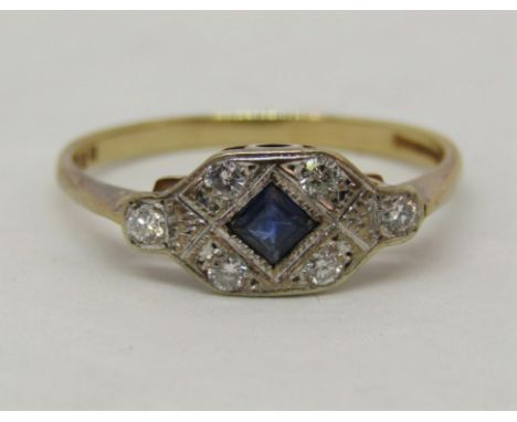 Art deco style 9ct ring set with a square cut sapphire within diamond surround, size R/S, 2g