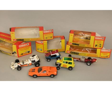 Five boxed Corgi Whizzwheels vehicles including no 388 Mercedes Benz, 381 G.P. beach buggy, 164 'Wild Honey' Dragster, 161 Co