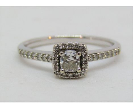 18ct white gold diamond cluster halo ring, centre stone 0.15cts approx, size N, 2.6g