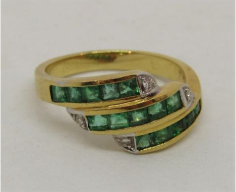 18ct triple row ring channel set with emeralds and diamonds, size L, 4.2g