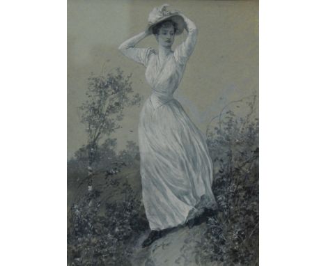 Richard Caton Woodville II (1856-1927).  Portrait of a young woman in a landscape, with white silk gown and broad brimmed hat