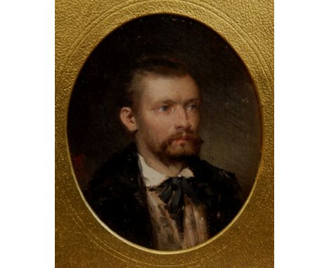19thC Continental School.  Head and shoulders portrait of a man, oil on board, indistinctly monogrammed and dated 1884, 17cm 