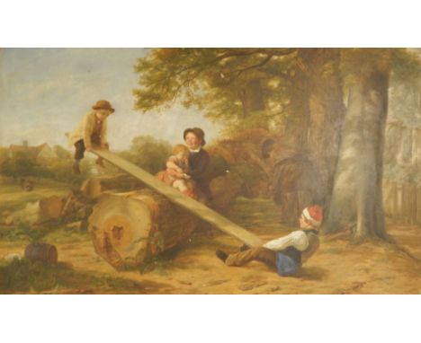 Thomas Webster (1800-1886). Children playing see-saw in woodland landscape, oil on board, signed and dated 1848, 51cm x 84cm.