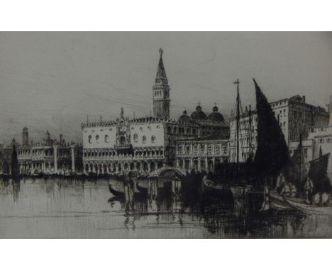 Andrew Fairbairn Affleck (1874-1935).  Grand Canal, Venice, dry point etching, signed, 18cm x 28cm. Two labels verso for Thos