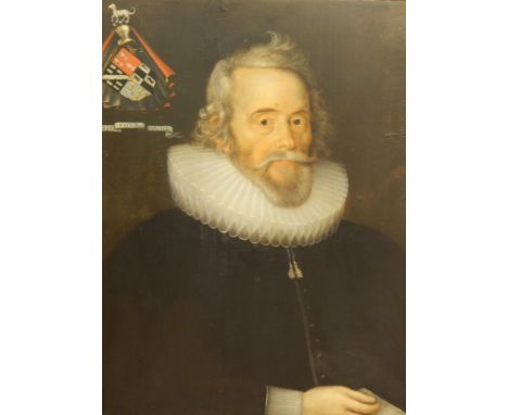 17thC English School. Head and shoulders portrait of a nobleman wearing a ruff, with crest Non-Pour-Haine, attributed to the 