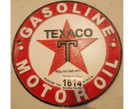 Cast iron Texaco Gasoline shop sign, D: 20 cm. P&amp;P Group 1 (£14+VAT for the first lot and £1+VAT for subsequent lots) 