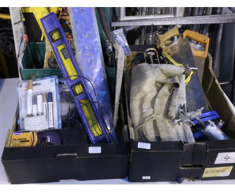 Two boxes of mixed tools, building equipment, craft related items to include toolbox of mostly unopened new tools and accesso