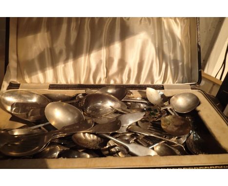 Mixed box of cutlery to include silver plate examples and caddy spoons. Not available for in-house P&amp;P, contact Paul O'He