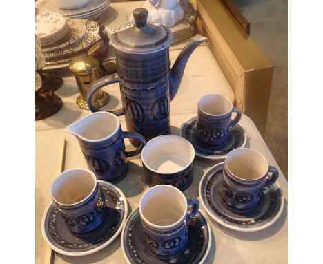 Cinque Ports Pottery Rye, a mid 20th century coffee service having four cups and saucers, cream jug, sugar bowl and coffee po