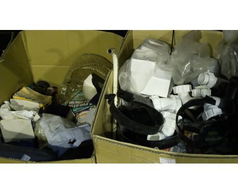 Large quantity of plumbing and pipework related items to include pipes and attachments, straps, locks, tools and a box of rel