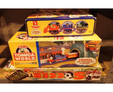 A boxed Leon Soccer football table, Tomica World Thomas The Tank Engine &amp; Friends Big Set and a further Thomas The Tank E