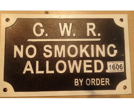 Cast iron GWR No Smoking Allowed sign, L: 30 cm. P&amp;P Group 2 (£18+VAT for the first lot and £3+VAT for subsequent lots) 
