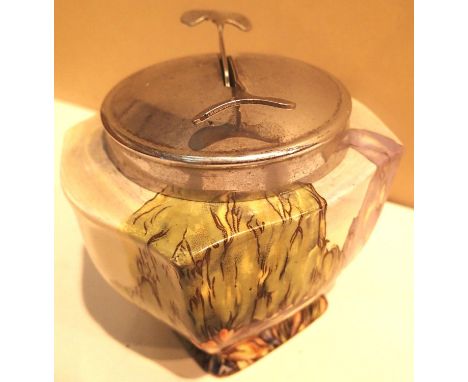 1930s Clarice Cliff type sugar bowl with tongs. Not available for in-house P&amp;P, contact Paul O'Hea at Mailboxes on 01925 