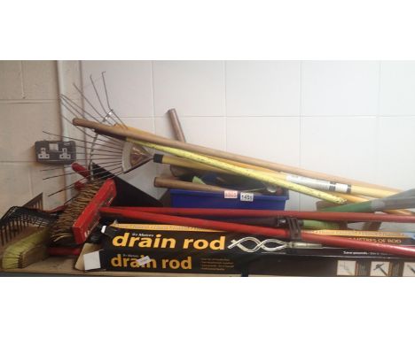 Shelf of mixed gardening and house maintenance tools to include drain rods. Not available for in-house P&amp;P, contact Paul 