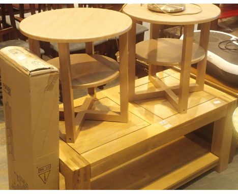 A light oak coffee table, L: 106 cm, a pair of pine bedside tables, H: 50 cm, a modern angle adjusting desk lamp and a boxed 