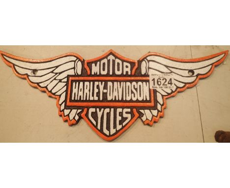 Cast iron Harley Davidson wing shaped shop wall sign, L: 38 cm. P&amp;P Group 2 (£18+VAT for the first lot and £3+VAT for sub