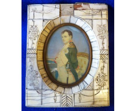A reproduction oval Portrait Miniature of Napoleon within a tooled bone frame, the Portrait 8.5cm high (damage to frame and v