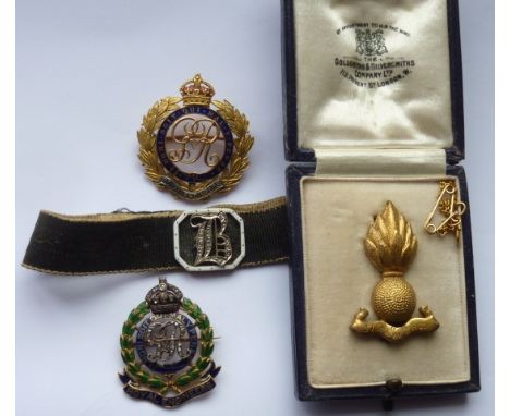 A yellow metal and enamel Military Brooch (Royal Engineers) set with small old cut diamonds and other small stones (possibly 