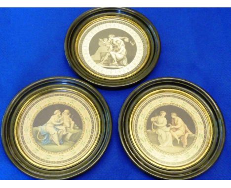 A pair of circular ebonised framed and glazed late 18th Century hand coloured Engravings, one depicting a female scribe with 