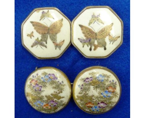 An early 20th Century Japanese Satsuma two part ceramic double hexagonal Buckle gilded and decorated with butterflies togethe